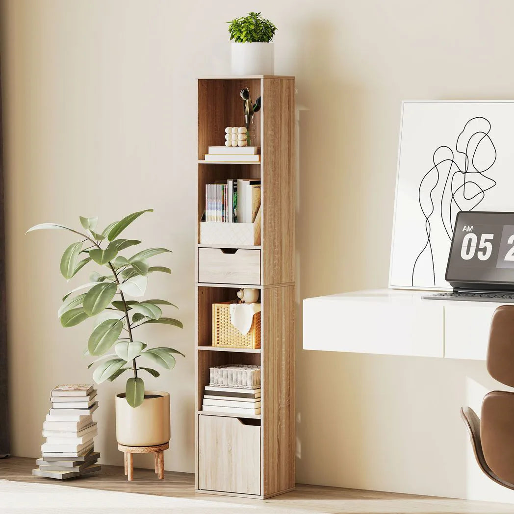 HOMCOM 6-Tier Tall Narrow Bookcase with Drawer, Cupboard and Anti-Tip Kit – Natural Wood Finish
