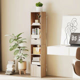 HOMCOM 6-Tier Tall Narrow Bookcase with Drawer, Cupboard and Anti-Tip Kit – Natural Wood Finish