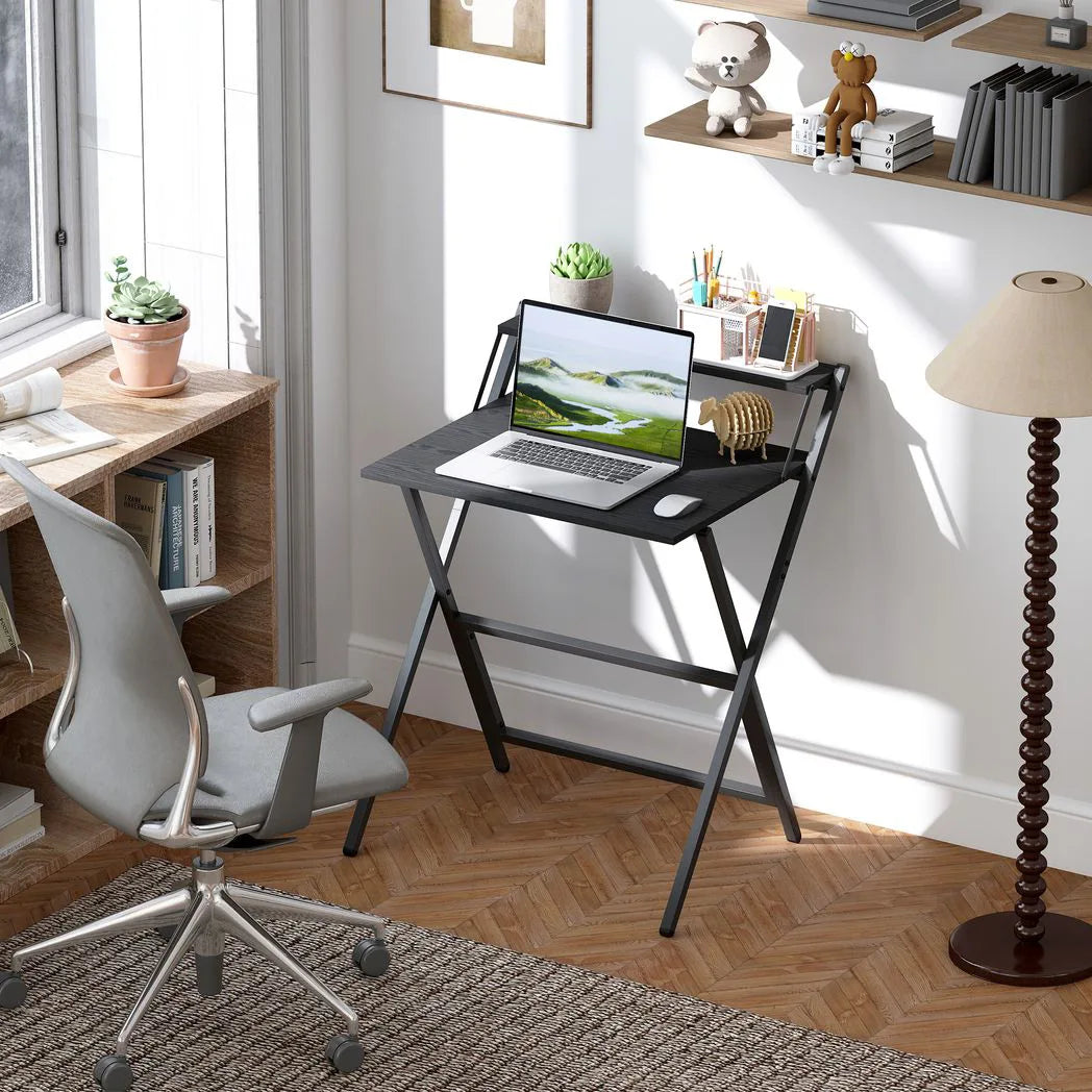 HOMCOM 70 cm Folding Computer Desk with Monitor Shelf – Compact Foldable Home Office Table, Black