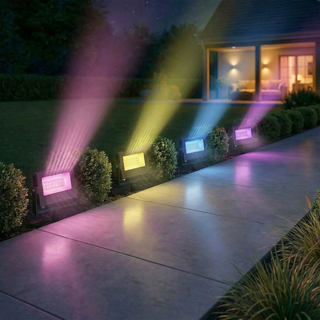 Outsunny 32W RGB LED Garden Floodlights, 4-Pack – Linkable Spotlights with Remote and Timer, IP65, UK Plug, Black