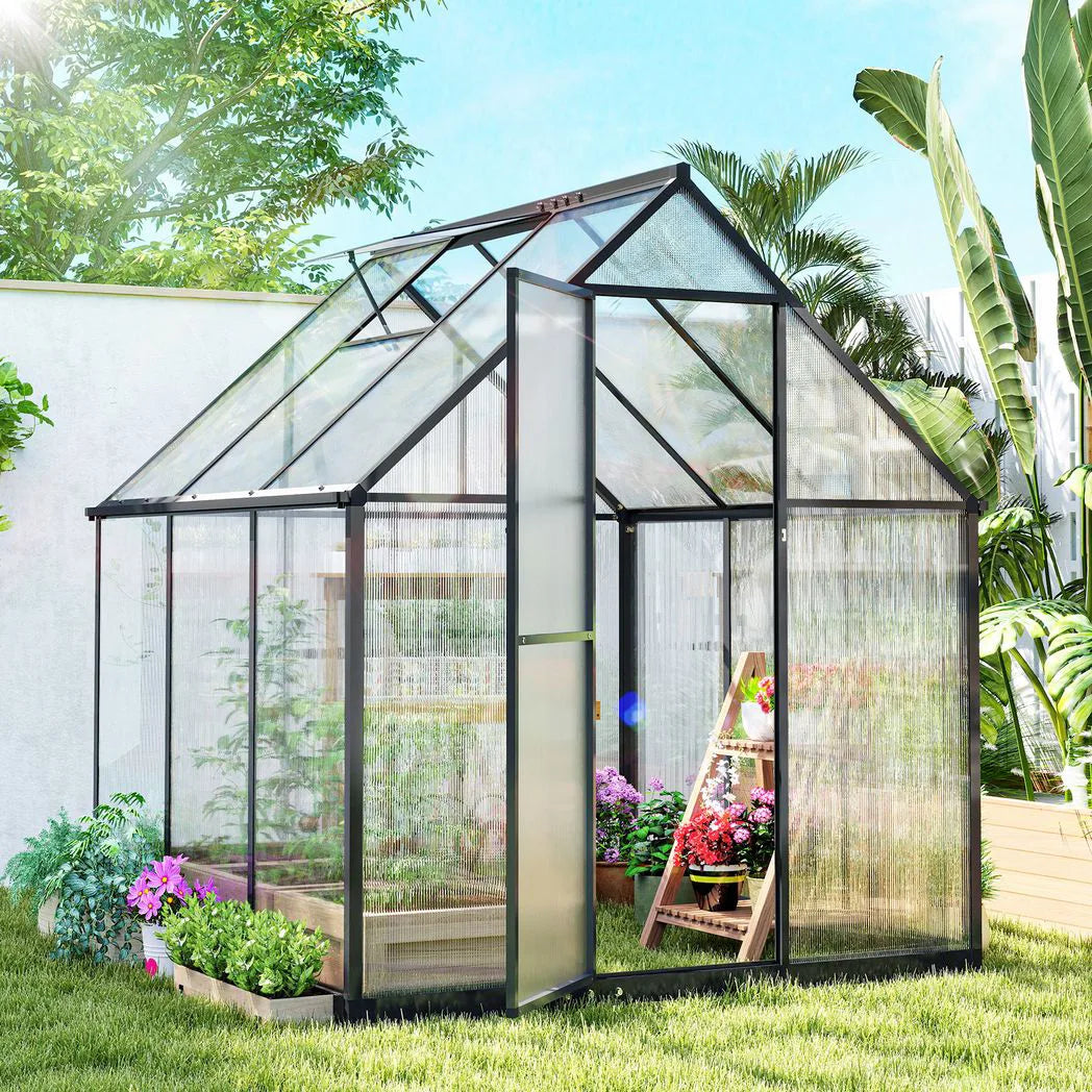 Outsunny 6 x 5.5ft Polycarbonate Greenhouse with Push Door, Roof Vent & Rain Gutter – Walk-In Garden Greenhouse, Black