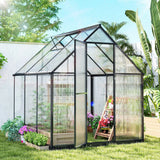 Outsunny 6 x 5.5ft Polycarbonate Greenhouse with Push Door, Roof Vent & Rain Gutter – Walk-In Garden Greenhouse, Black