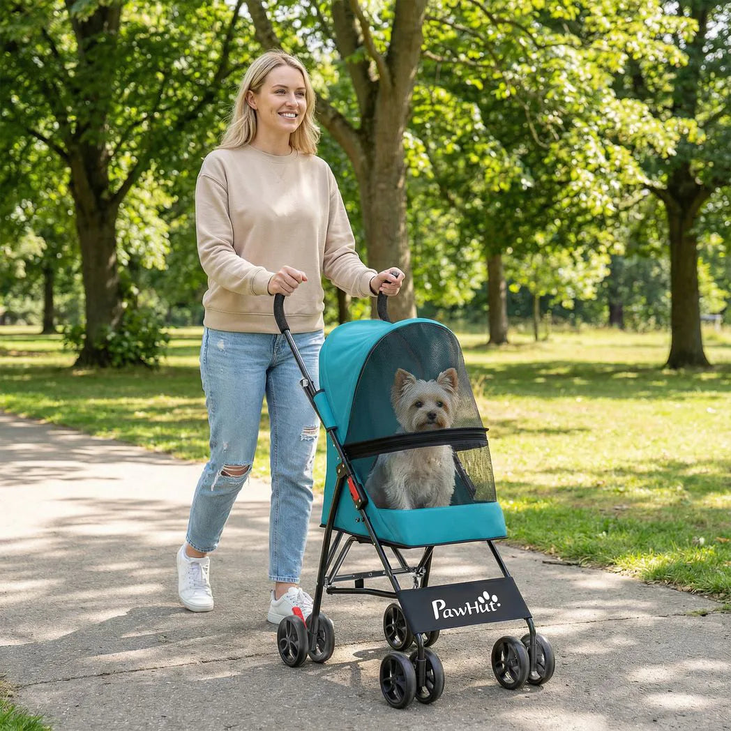 PawHut Foldable Dog Stroller for Miniature Breeds with Brakes & Mesh Windows – Cat and Dog Pram, Dark Green