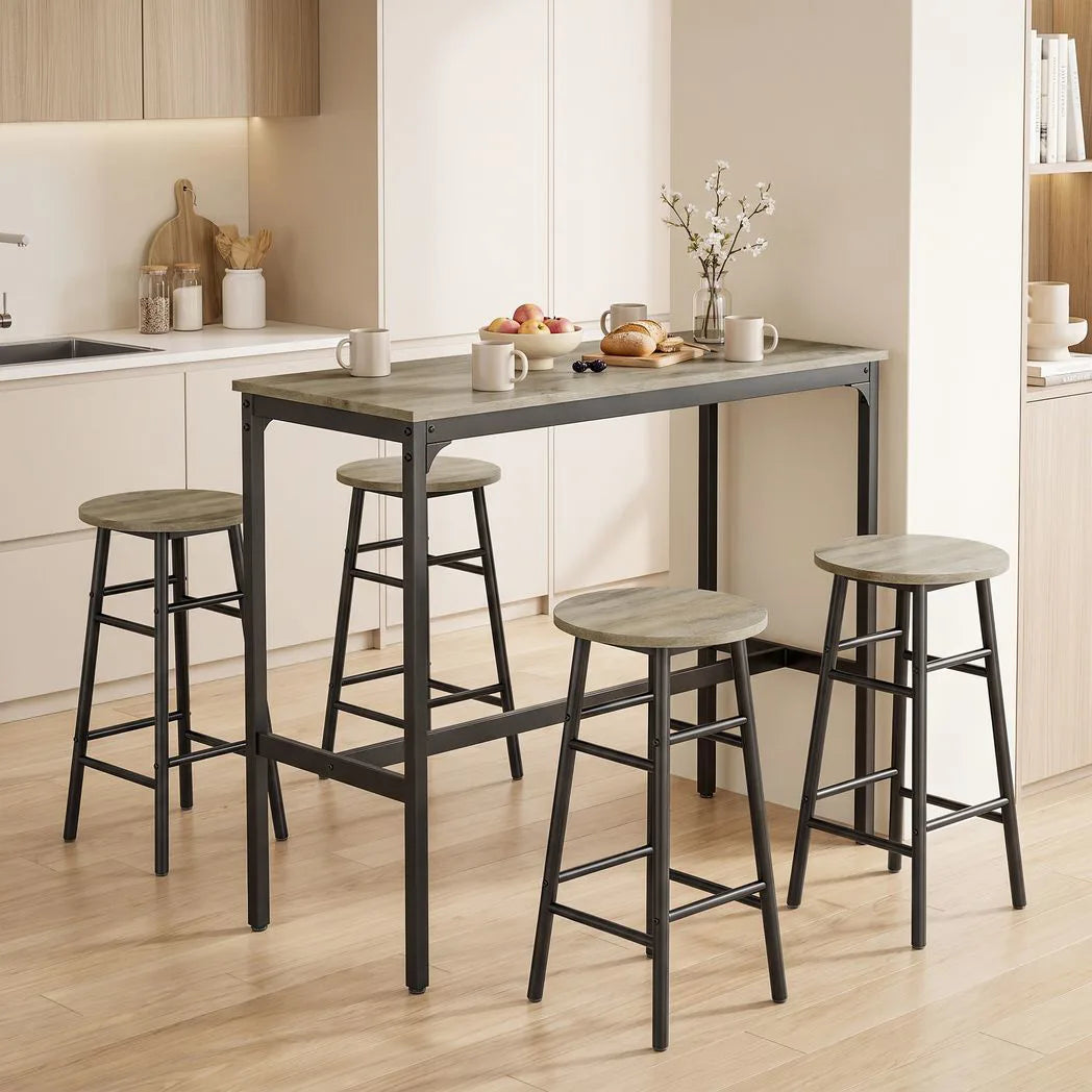 HOMCOM 5 Piece Industrial Bar Table Set with 4 Stools – Powder-Coated Steel Frame Dining Set, Grey Wood Effect