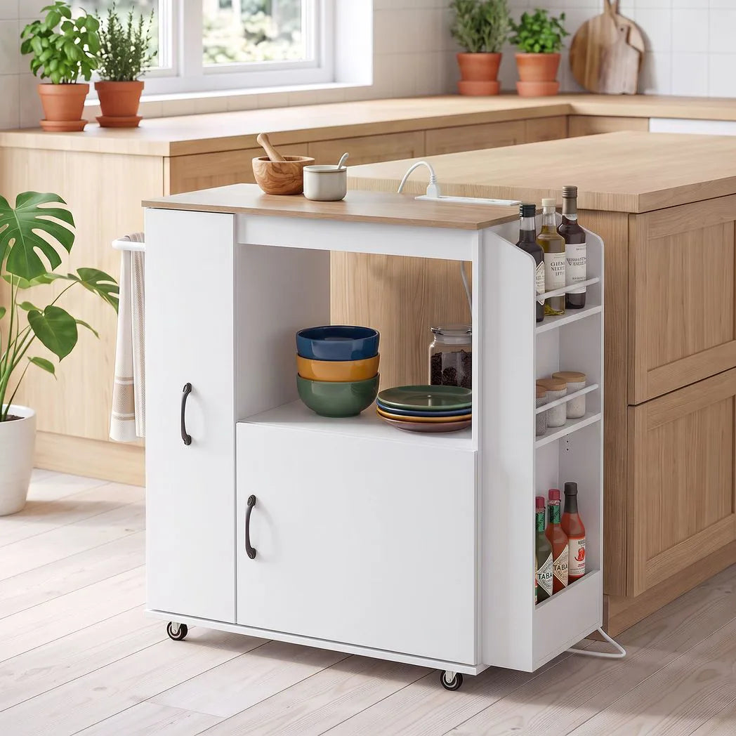 HOMCOM Kitchen Trolley with Power Outlets, USB Ports, Cabinet and Pull-Out Drawer – Rolling Island Cart, White
