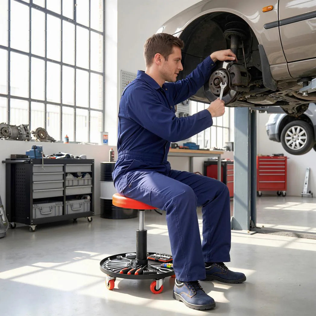 HOMCOM Rolling Mechanic Stool with Tool Tray and Wheels, Height Adjustable 38–48 cm – Workshop Seat, Orange
