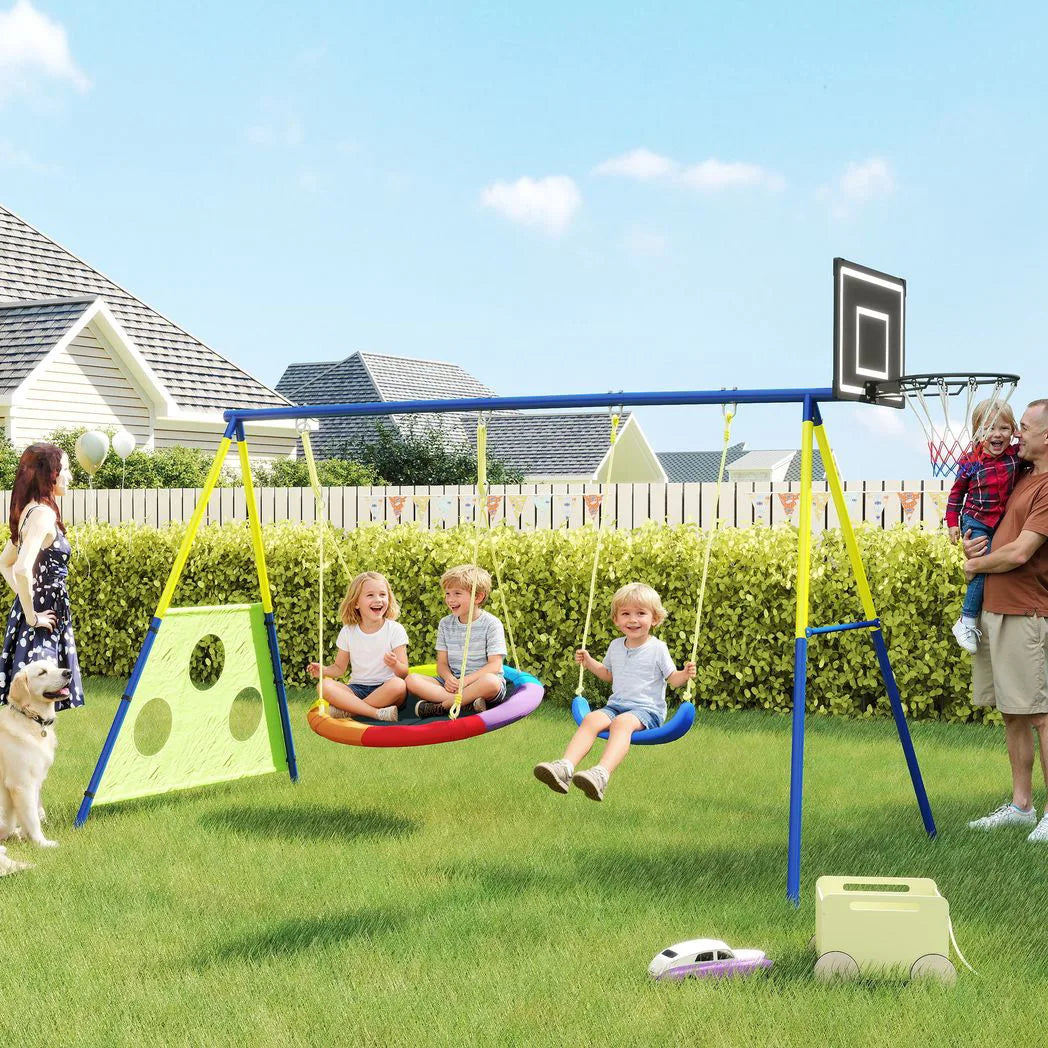 AIYAPLAY 4-in-1 Kids Swing Set with Saucer Swing, Basketball Hoop & Football Goal – Outdoor Garden Playset