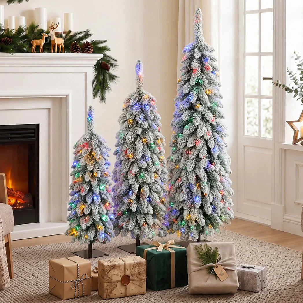 HOMCOM Set of 3 Snowy Pre-Lit Pencil Christmas Trees, 90, 120 and 150 cm, Multicolour Lights