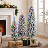 HOMCOM Set of 3 Snowy Pre-Lit Pencil Christmas Trees, 90, 120 and 150 cm, Multicolour Lights