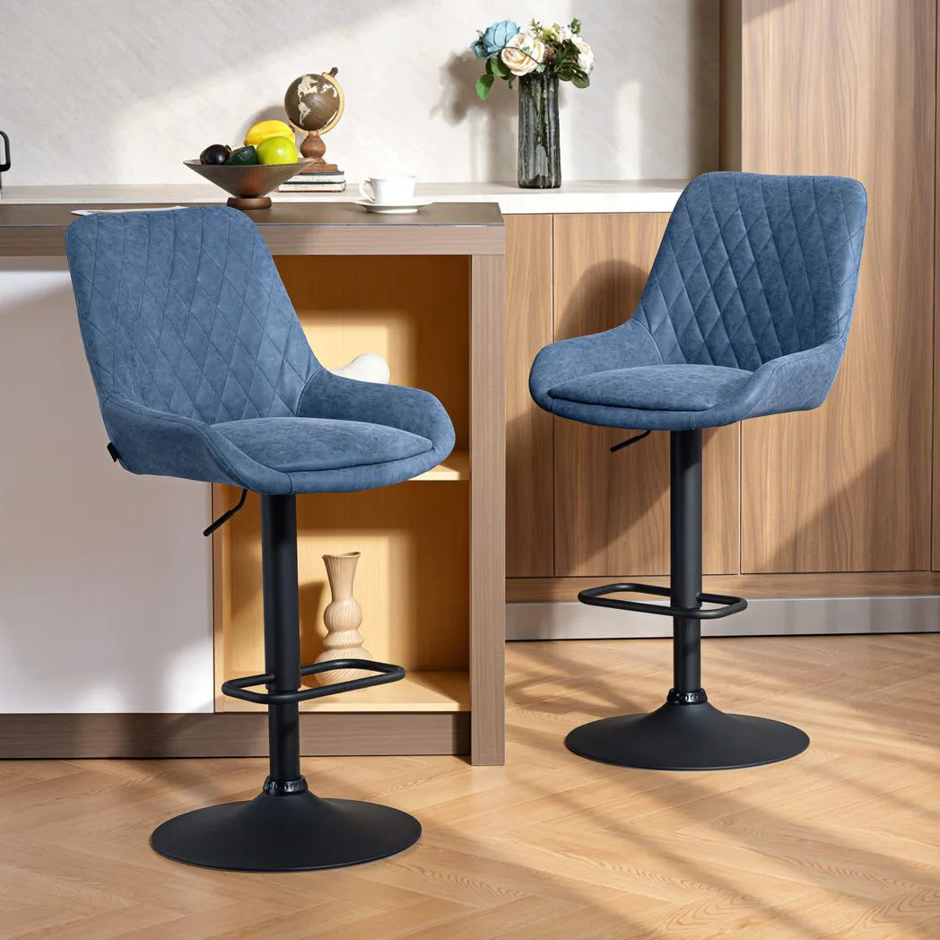 HOMCOM Set of 2 Retro Faux Leather Bar Stools, Adjustable Height Swivel Kitchen Stools with Footrest – Dark Blue