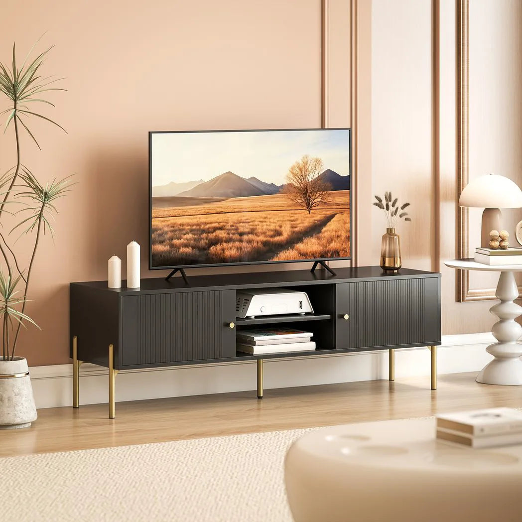 HOMCOM TV Stand for TVs up to 65" with 2 Open Shelves, 2 Cabinets and Gold Steel Legs – Black