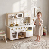 AIYAPLAY Play Kitchen with Rotating Coffee Machine, Stove and Storage Shelf – Kids Playset, Ages 3-6, White