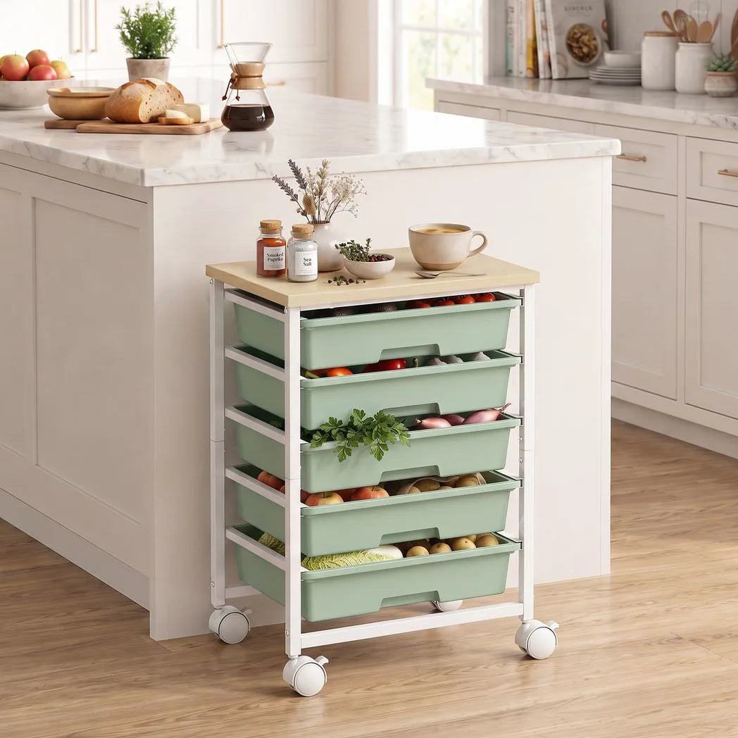 HOMCOM 6-Tier Storage Trolley on Wheels with 5 Pull-Out Drawers – Metal Kitchen Rolling Cart, Green