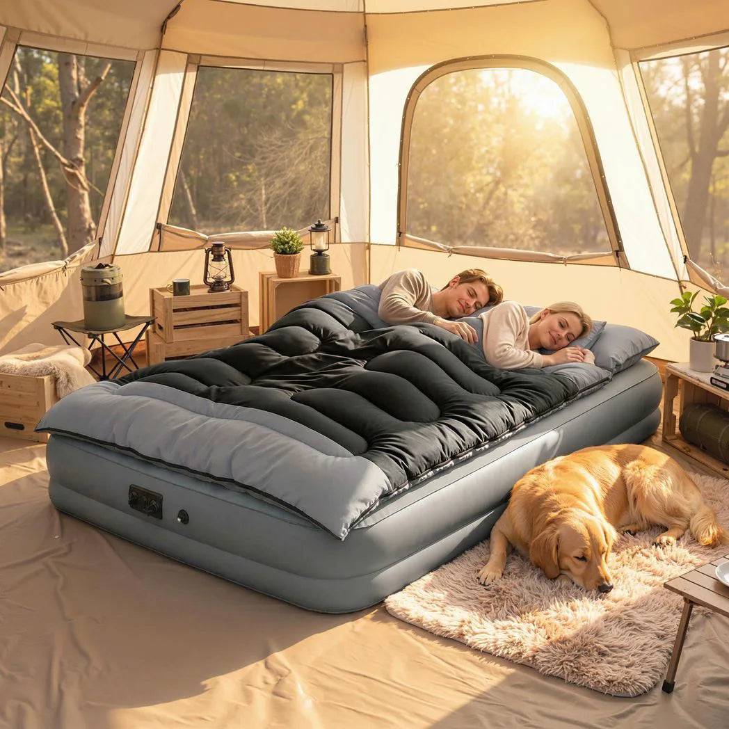 Outsunny Double Sleeping Bag with 2 Pillows, 220 x 160cm – Extra-Large Camping Bag for Adults, Black and Grey