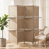 HOMCOM Wave Fibre Folding Privacy Screen with Two Shelves – Freestanding 4 Panel Room Divider, Natural Wood Finish