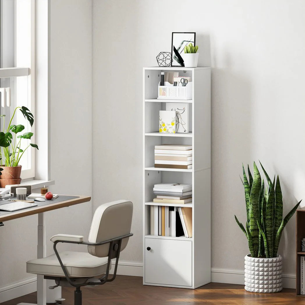 HOMCOM 6-Tier 156cm Tall Bookcase with Cupboard and Adjustable Shelves, Anti-Tipping Kit – White