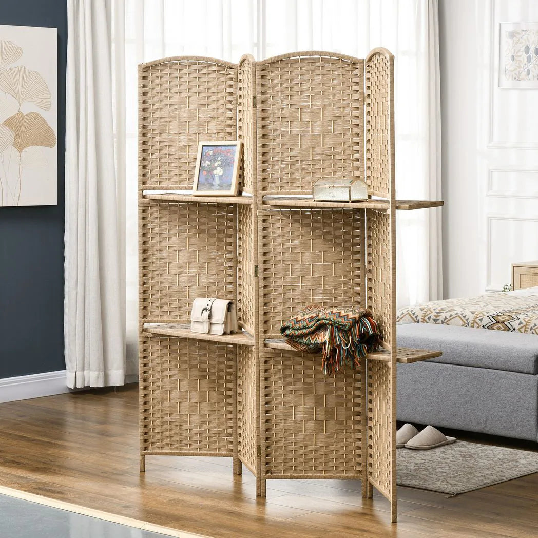 HOMCOM 4 Panel Folding Room Divider with 2 Shelves – Diamond Weave Privacy Screen, 160 x 170cm, Natural