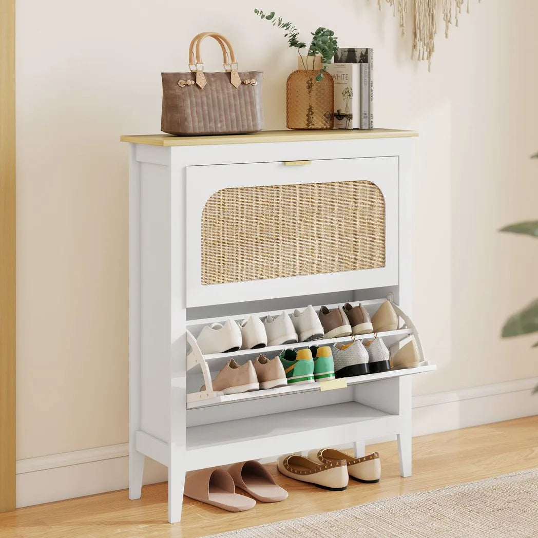 HOMCOM Boho Slim Shoe Cabinet with 2 Flip Drawers and Rattan Doors – Holds 14 Pairs, White