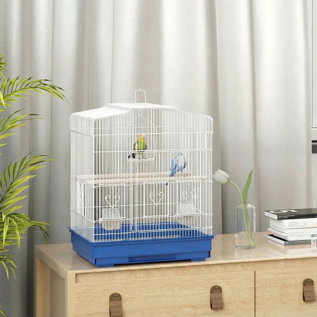 PawHut Large Metal Bird Cage with Perches, Feeders and Swing – For Budgies, Parakeets and Finches, Blue
