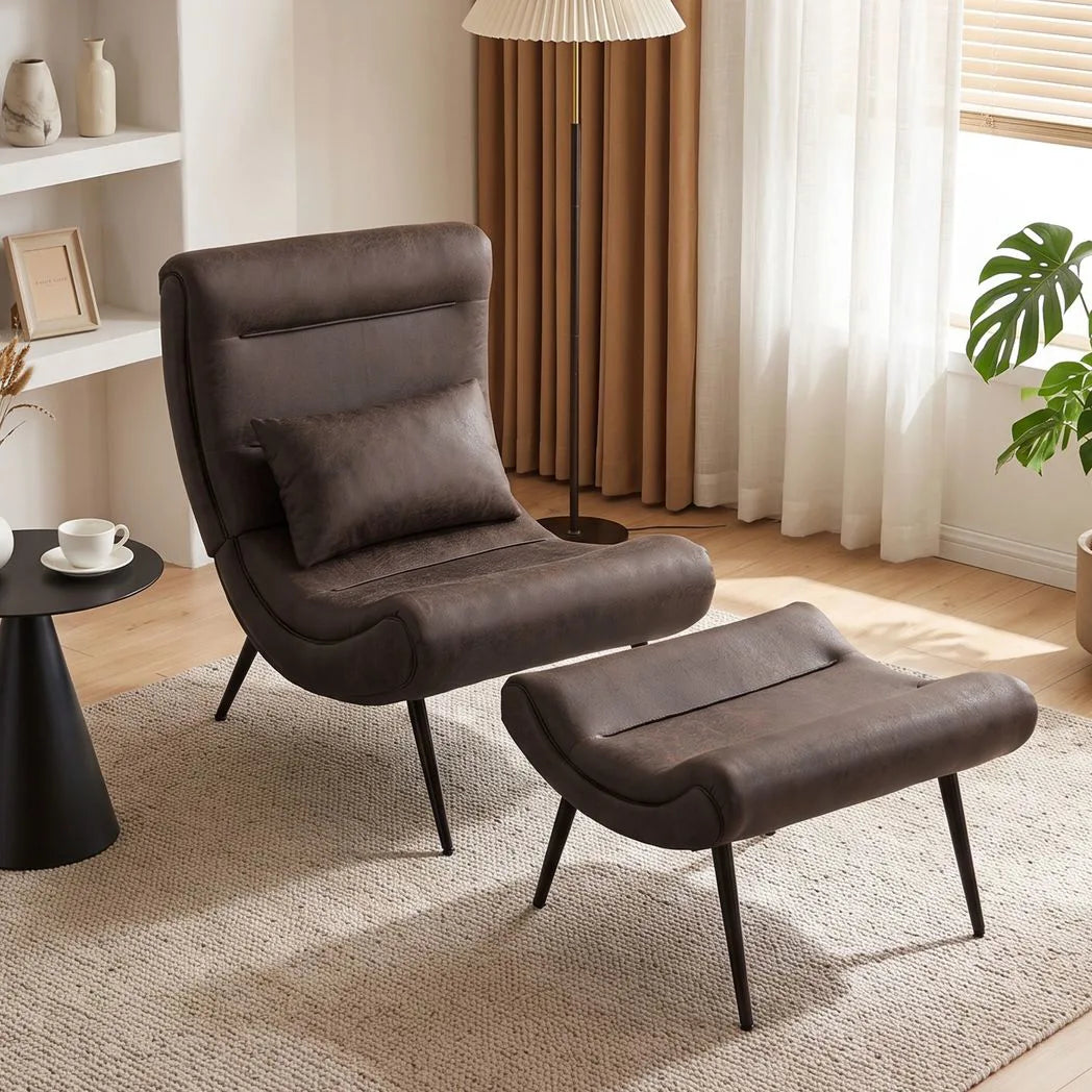 HOMCOM Modern Accent Chair with Footstool, Lumbar Pillow and 64cm Wide Seat – Lounge Chair, Dark Brown
