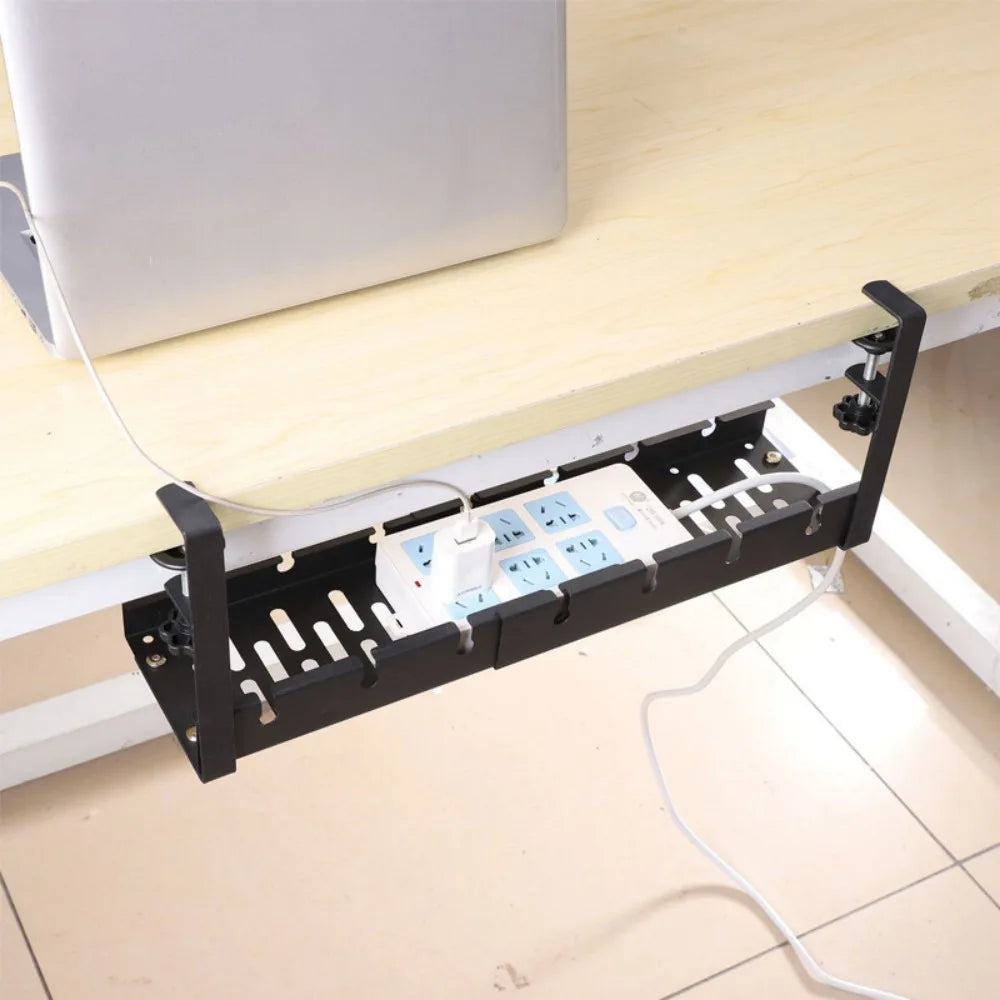 No Drill Under Desk Cable Management Tray with Clamp – Iron Wire Basket, Tool-Free Installation