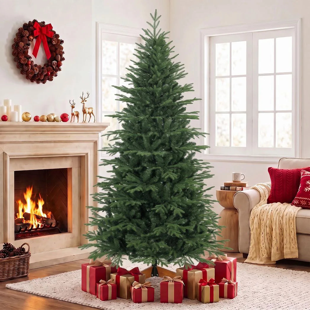 HOMCOM 7ft Hinged Artificial Christmas Tree with 2719 PE and PVC Tips and Solid Pine Wood Stand, Green