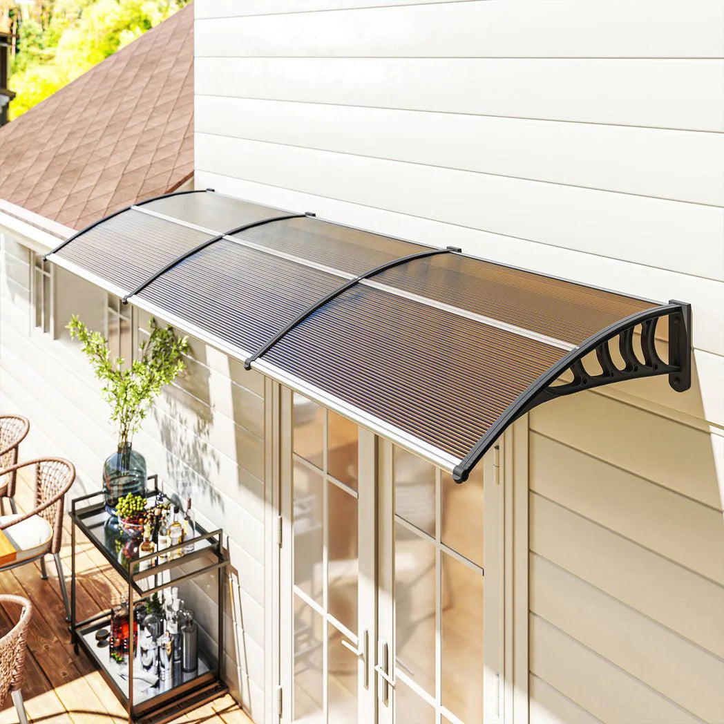 Outsunny 303 x 96cm Front Door Canopy with Polycarbonate Panels – UV-Resistant Rain Shelter Awning, Brown