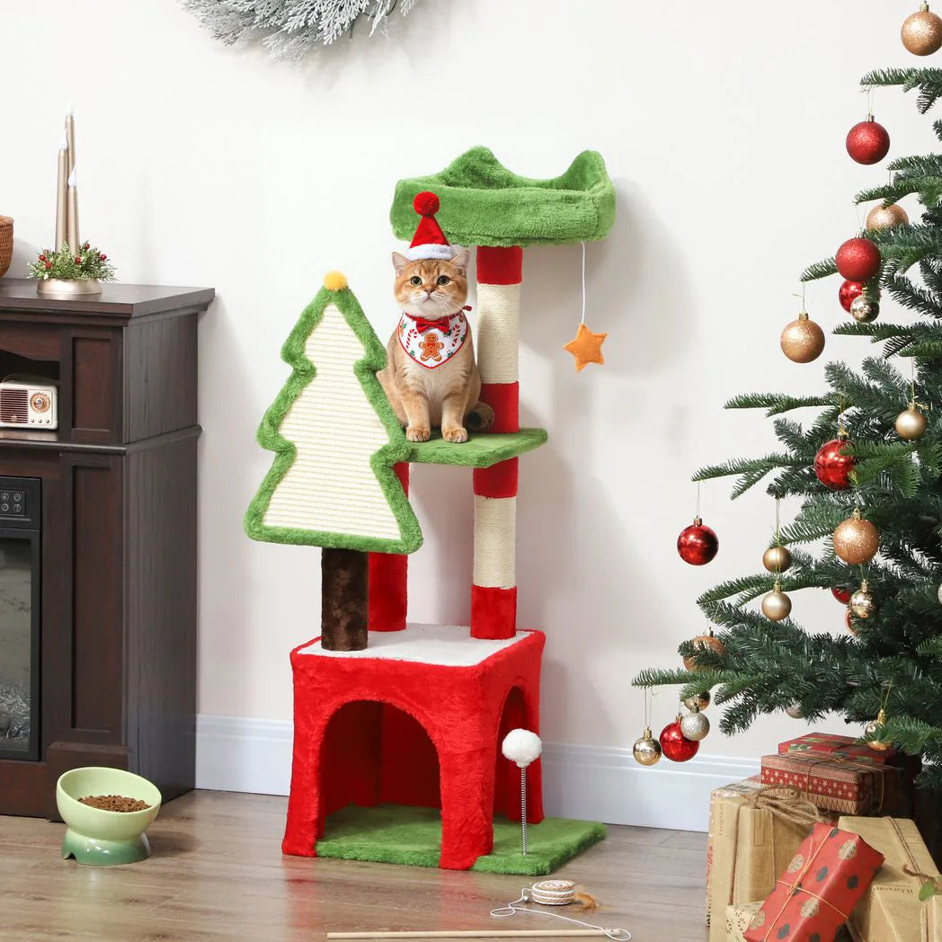 PawHut Christmas Cat Tree, 120cm Tower with Scratching Post, Bed, House and Toys – Festive Green