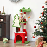 PawHut Christmas Cat Tree, 120cm Tower with Scratching Post, Bed, House and Toys – Festive Green