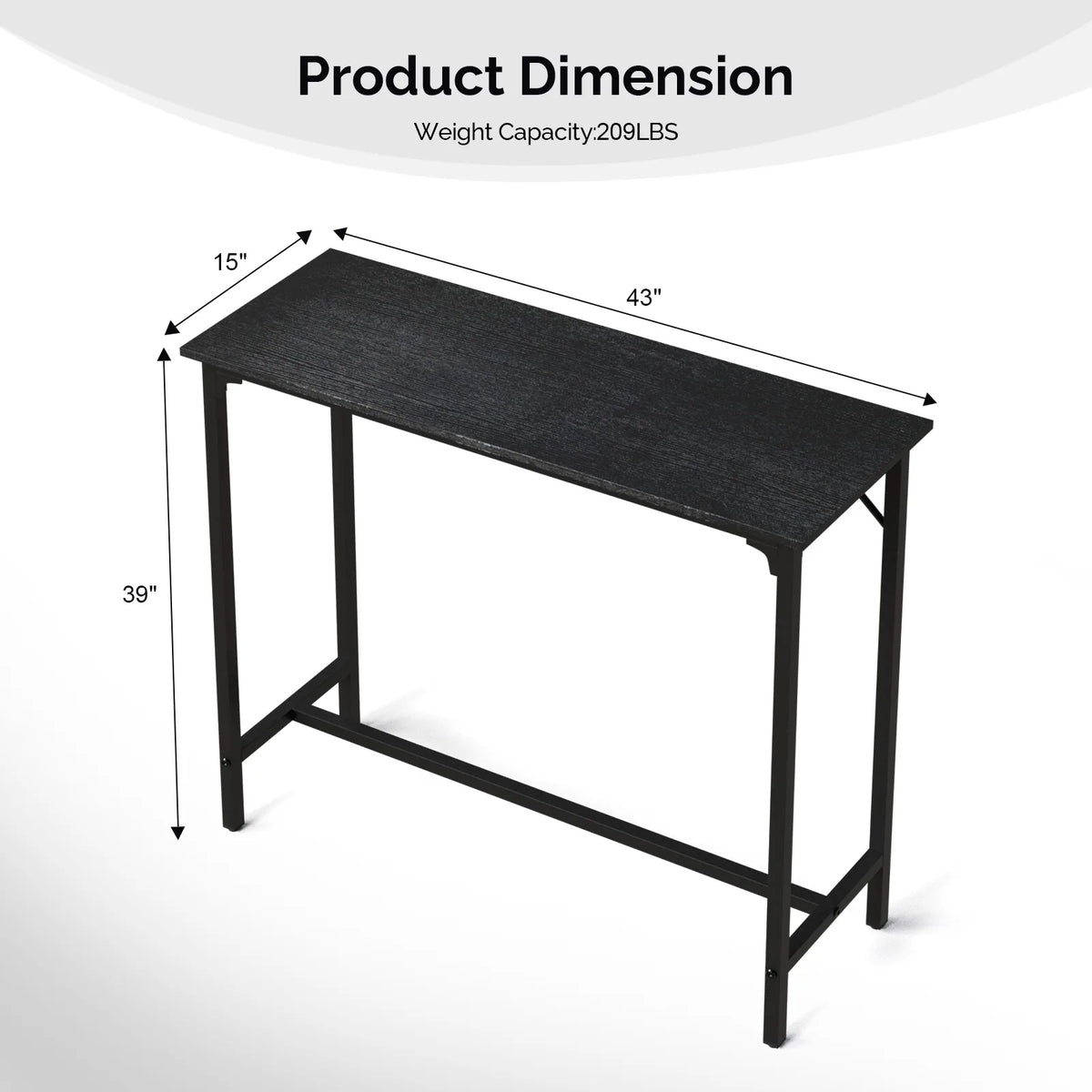 43-Inch Black Bar Table with MDF Top & Iron Frame, 110cm – Pub Height Kitchen or Home Bar Counter