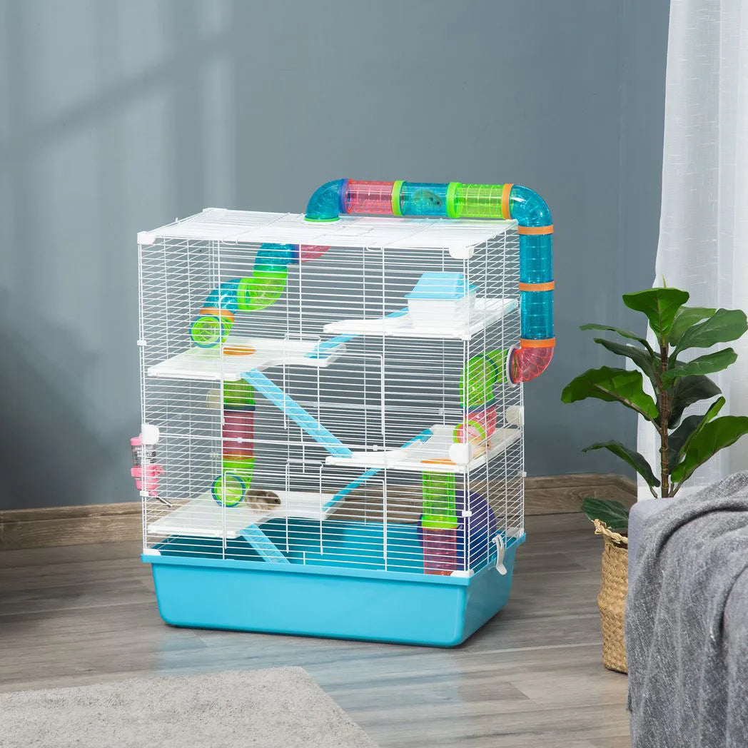 PawHut Hamster Cage with Water Bottle, Exercise Wheel, Play Tubes & Ramps – Small Animal Habitat, Light Blue