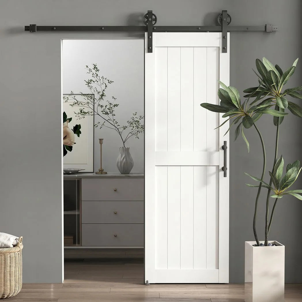 HOMCOM 152.4cm Sliding Barn Door Kit with Track, Rollers, Floor Guide and Handle – Space-Saving PVC-Coated Door, White