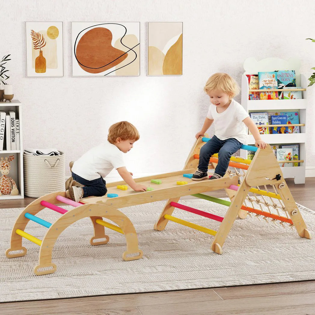 AIYAPLAY 8-in-1 Toddler Climbing Frame with Slide, Arch and Triangle Ladder – Indoor Play Set, Multicolour