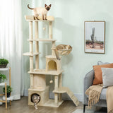PawHut 170cm Large Cat Tree with 7 Scratching Posts, Tunnel, 2 Condos, Hammock & Perch – Cat Tower, Beige