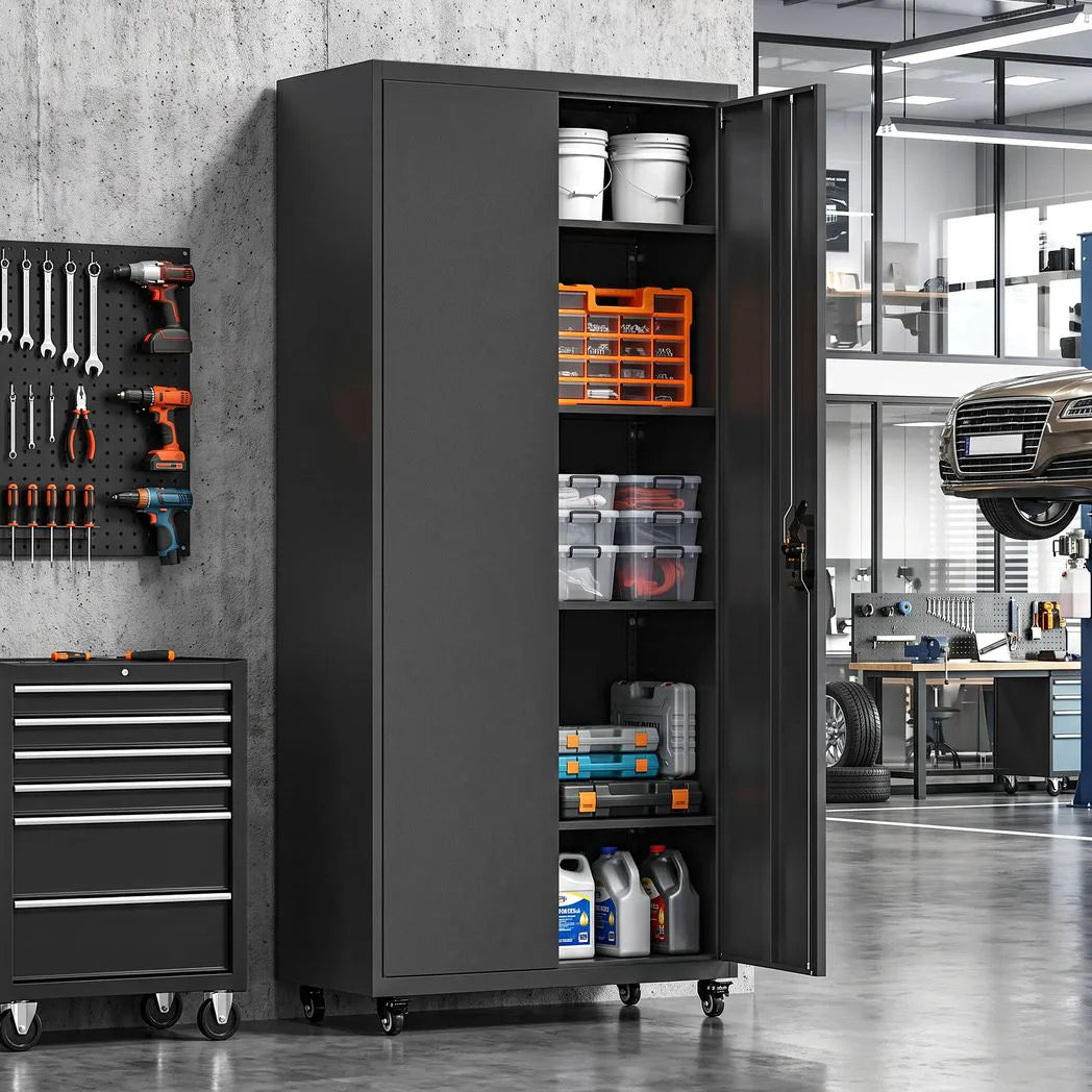 HOMCOM Lockable Metal Storage Cabinet with Removable Wheels and 4 Adjustable Shelves – 180 cm Steel Tool Cabinet
