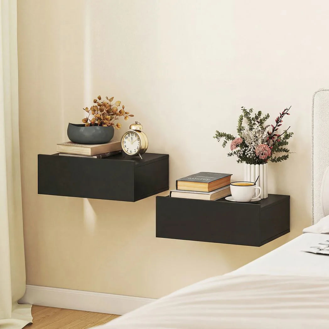 HOMCOM Floating Bedside Tables Set of 2 with Storage Drawer – Wall-Mounted Nightstands, Black