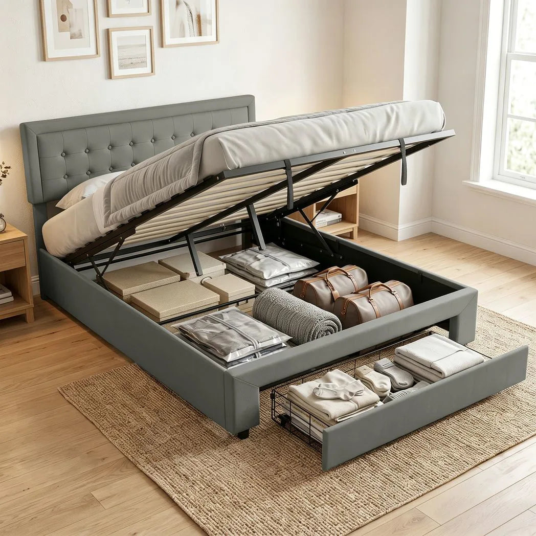 HOMCOM King Size PU Leather Ottoman Bed Frame with Front Drawer and Adjustable Headboard – Gas Lift, Grey