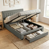 HOMCOM King Size PU Leather Ottoman Bed Frame with Front Drawer and Adjustable Headboard – Gas Lift, Grey