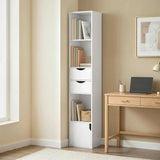 HOMCOM 158 cm Slim Bookcase with 2 Drawers, Cabinet and Adjustable Shelf – Space-Saving Bookshelf, White