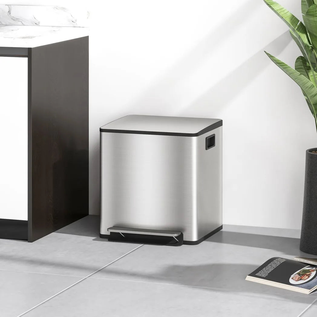 HOMCOM 30L Dual Compartment Pedal Bin with Soft Close Lid, Deodoriser Holders – Stainless Steel Kitchen Bin, Silver Tone