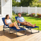 Outsunny Set of 2 Folding Sun Loungers, 5-Position Reclining with Pillow, Side Table and Pocket, Dark Blue