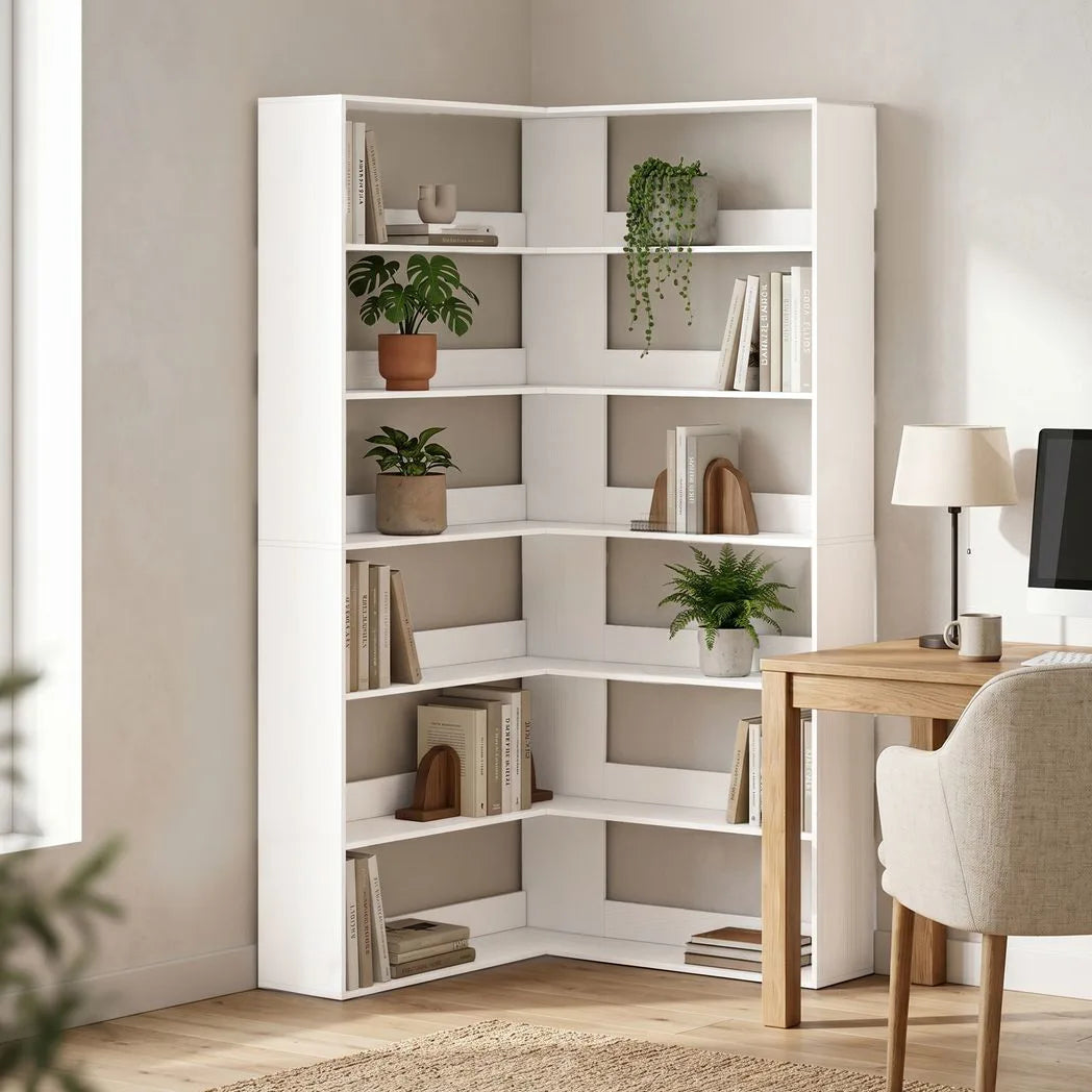 HOMCOM 7-Tier L-Shaped Corner Bookcase with Rear Guards and Anti-Tip Hardware – Bookshelf, White Wood Effect