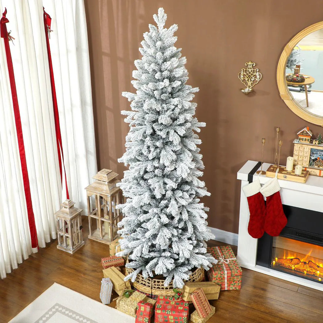 HOMCOM 7ft Flocked Artificial Christmas Tree with 972 Branches – Slim Snowy Tree, Flame-Retardant