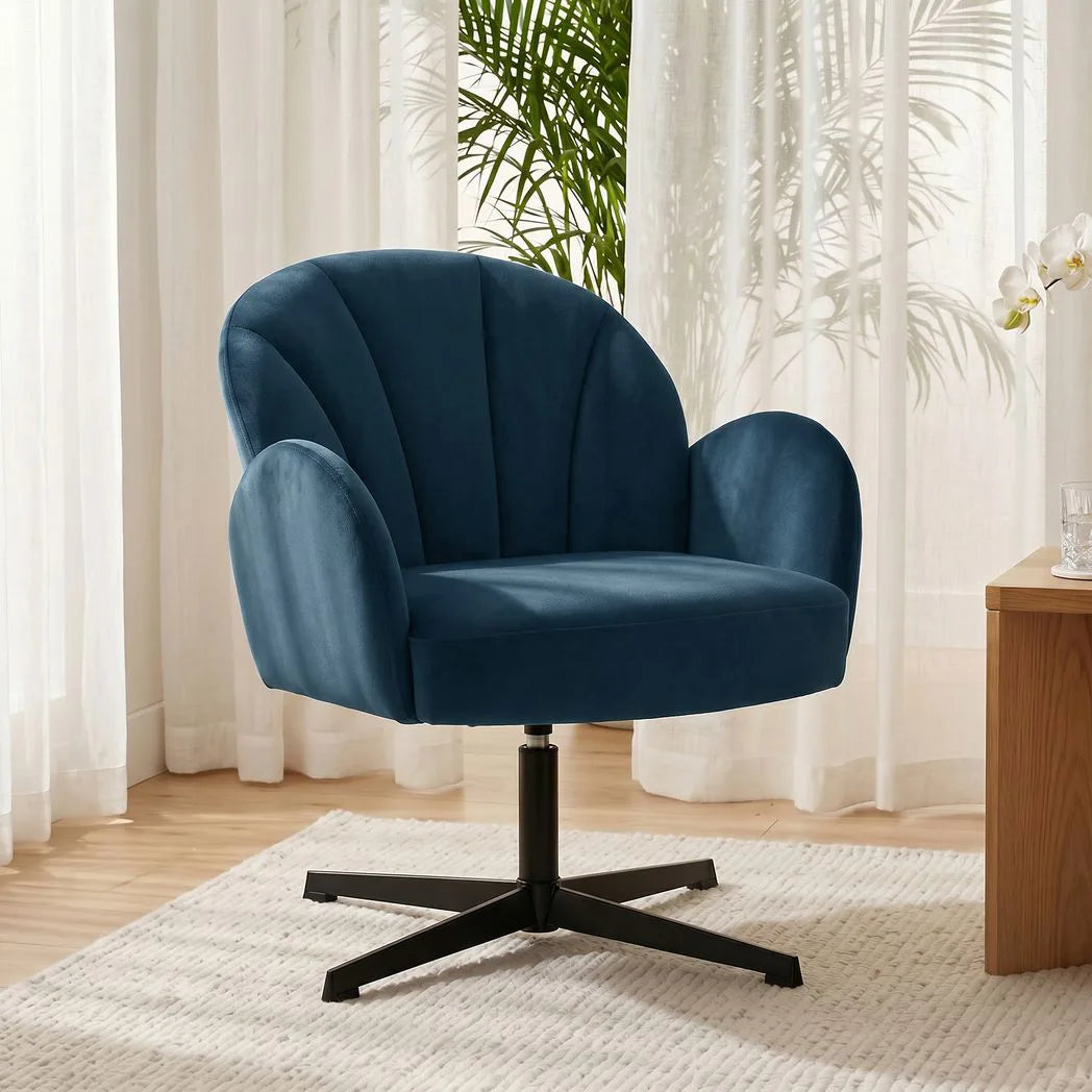 HOMCOM Swivel Accent Chair with Shell Back, Spring Cushion and Metal Base – Velvet-Feel Armchair, Dark Blue