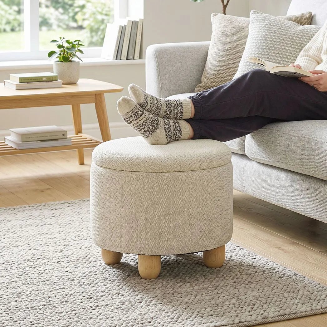 HOMCOM Round Storage Ottoman with Reversible Lid and Rubberwood Legs – 19L Sitting Bench, Beige