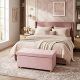 HOMCOM Velvet Upholstered Foldable Storage Ottoman Bench with Wood Legs – Footrest for Living Room, Pink