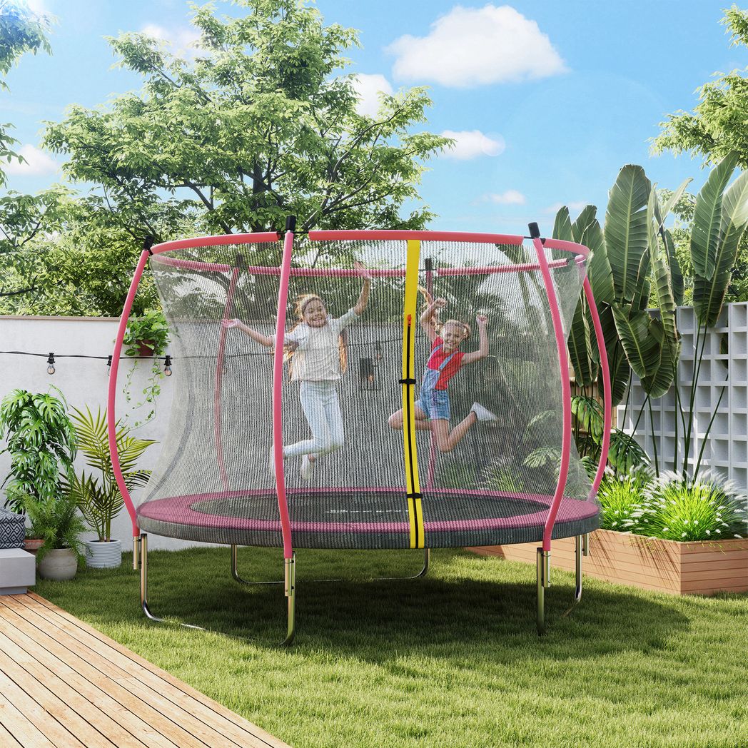 SPORTNOW 10ft Outdoor Trampoline with Enclosure Net, Padded Poles & Spring Cover – Garden Trampoline, Pink
