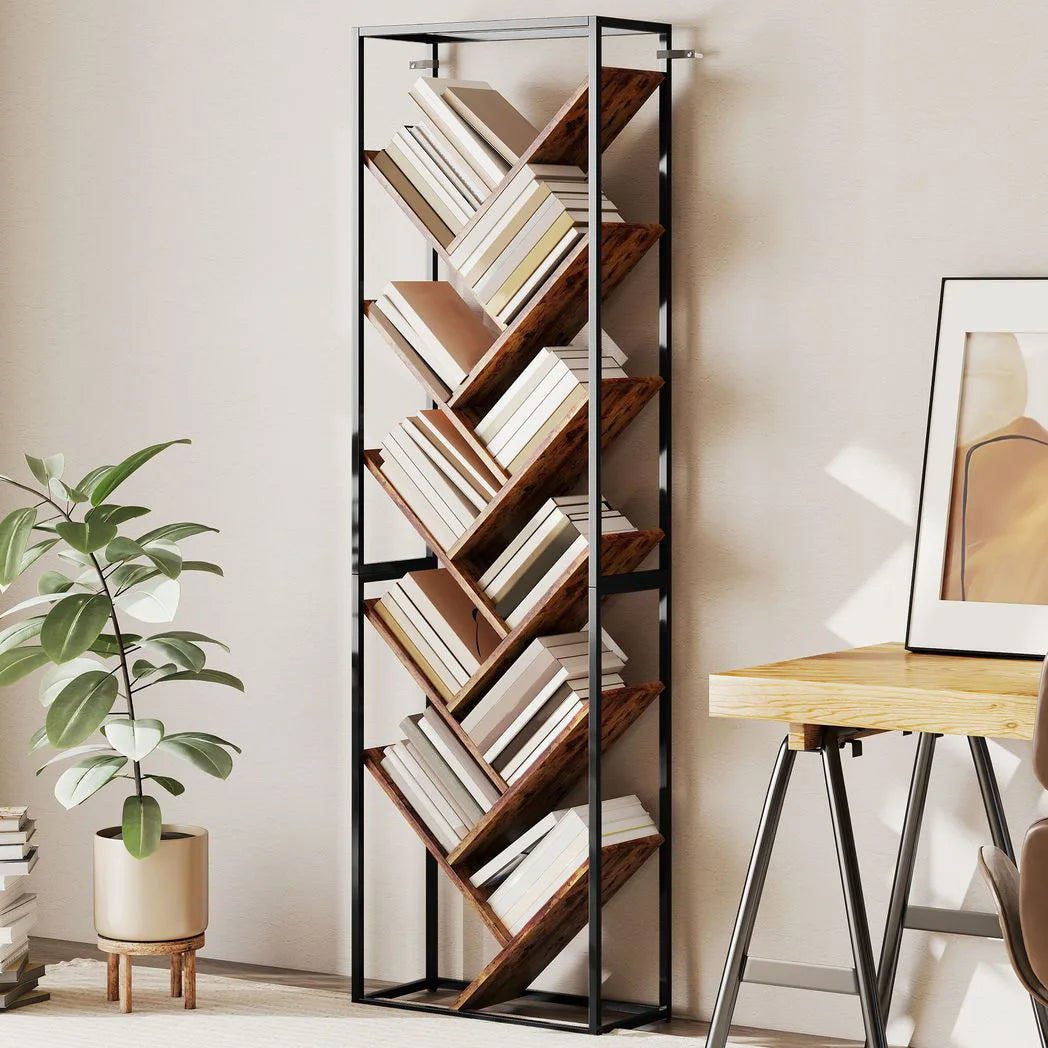 HOMCOM 10-Shelf Industrial-Style Tree Bookshelf with Metal Frame and Anti-Tipping Straps – Black/Brown