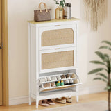 HOMCOM Boho Slim Shoe Cabinet with 3 Flip Drawers and Rattan Doors – Holds 21 Pairs, White