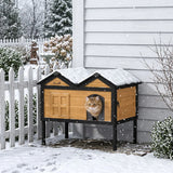PawHut Wooden Outdoor Cat House with Asphalt Roof, Side Cleaning Door and PVC Curtain – Insulated Cat Shelter